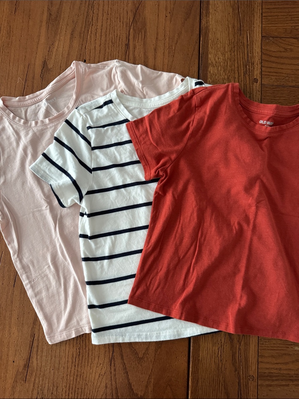Old Navy Short-Sleeve Tee Trio in Red, White with Navy Stripes, and Light Pink